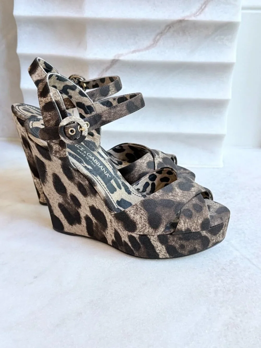 Dolce & Gabbana Leopard Print Canvas Leather Wedge Sandals